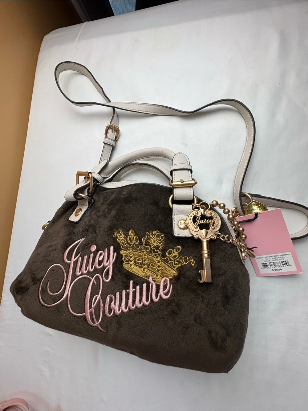 Juicy Couture Brown Plush Shoulder Bag with Cream Straps and Pink Logo